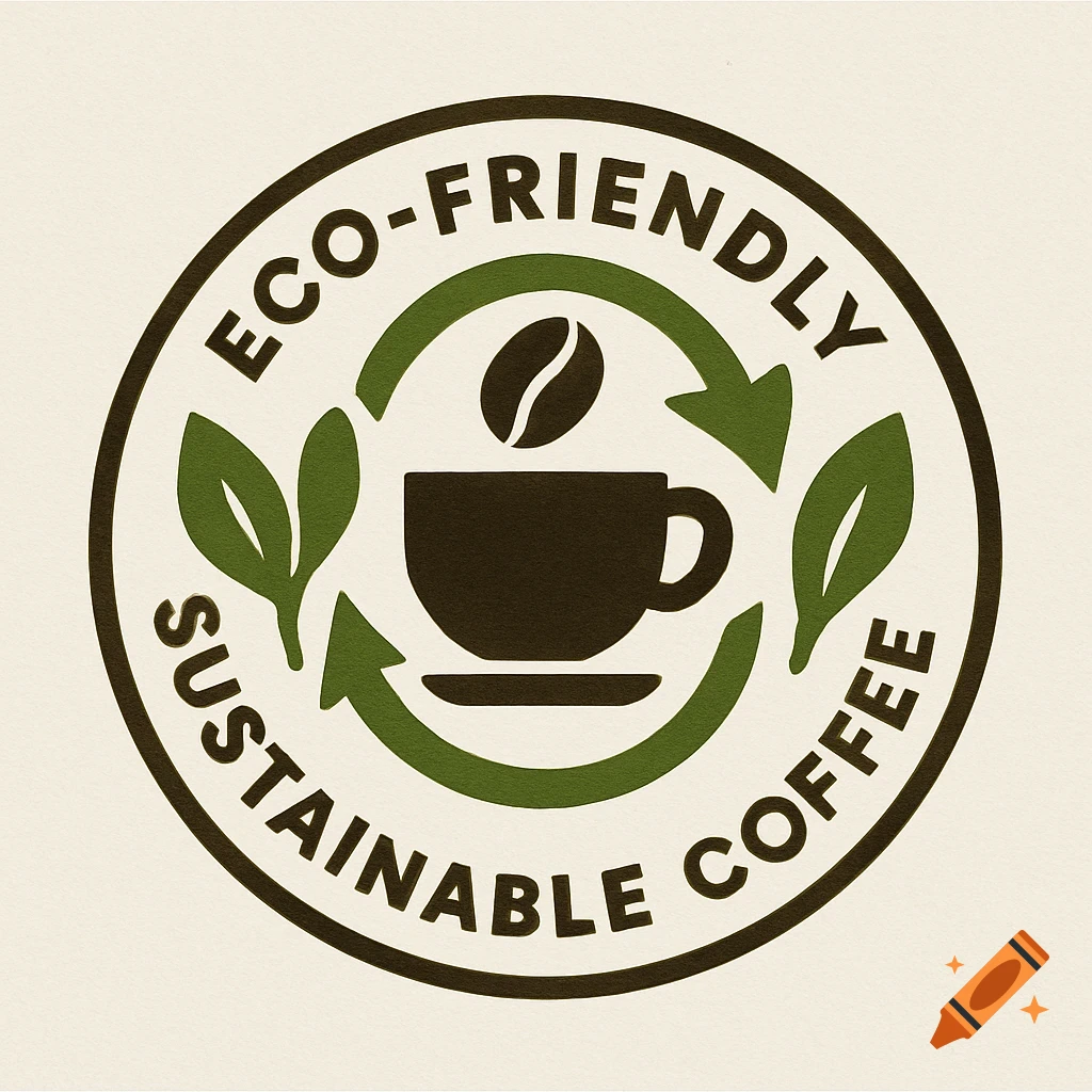A circular logo featuring a coffee cup, a coffee bean, green recycling arrows, and leaves, with the text "ECO-FRIENDLY SUSTAINABLE COFFEE" around the perimeter.