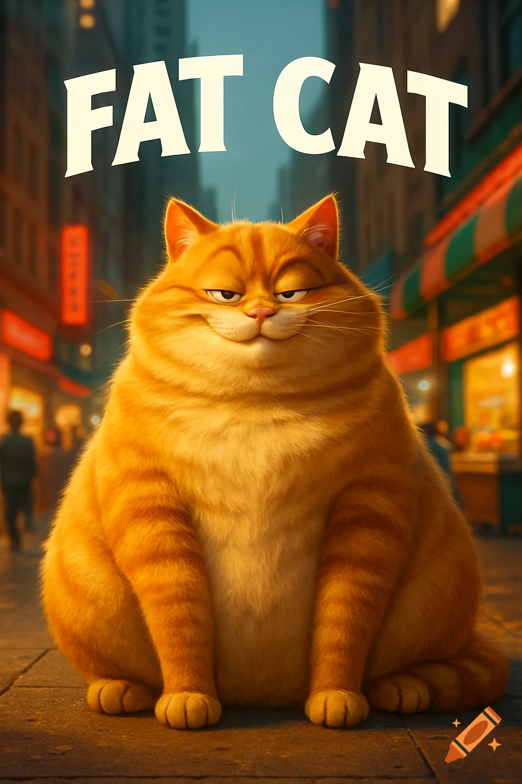 A large, orange, cartoon cat with a smug expression sits on a city sidewalk beneath the title 'FAT CAT'.