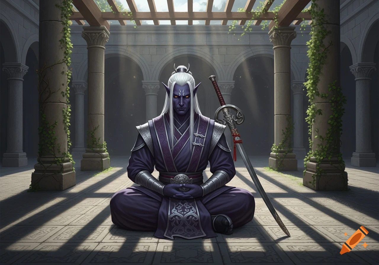 A Drow monk with white hair and purple skin meditates in purple robes within a stone monastery courtyard, a sword leaning beside him.