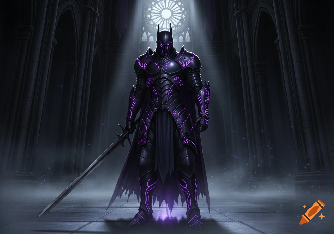 A dark knight in black and purple glowing armor stands with a sword in a gothic cathedral, illuminated by light from a rose window.