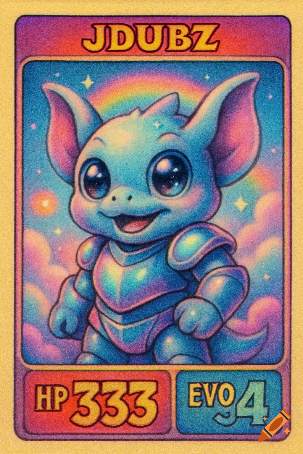 A cute, blue, armored fantasy creature with large ears and big eyes on a retro-style trading card with a rainbow background.