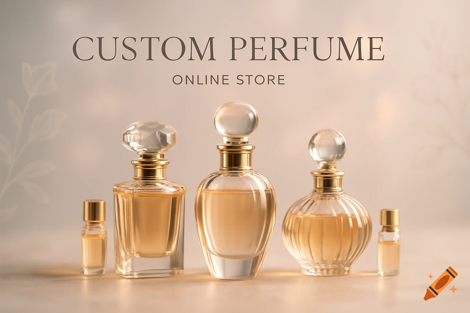 Elegant product photography of various perfume bottles with gold accents and amber liquid, set against a soft, light background with subtle floral shadows. Text reads 'CUSTOM PERFUME ONLINE STORE'.
