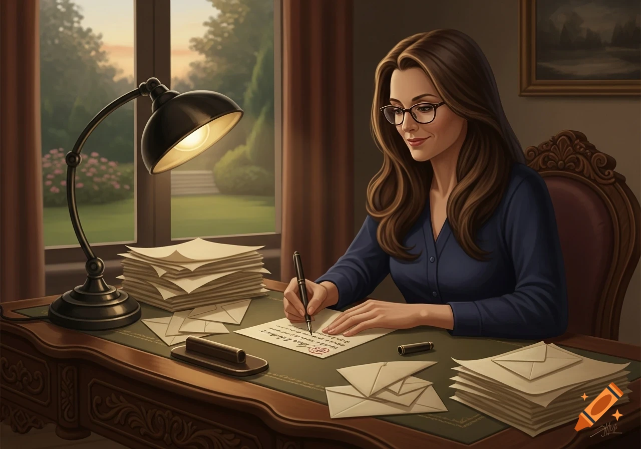 A woman with long brown hair and glasses sits at a desk, illuminated by a lamp, diligently writing letters.