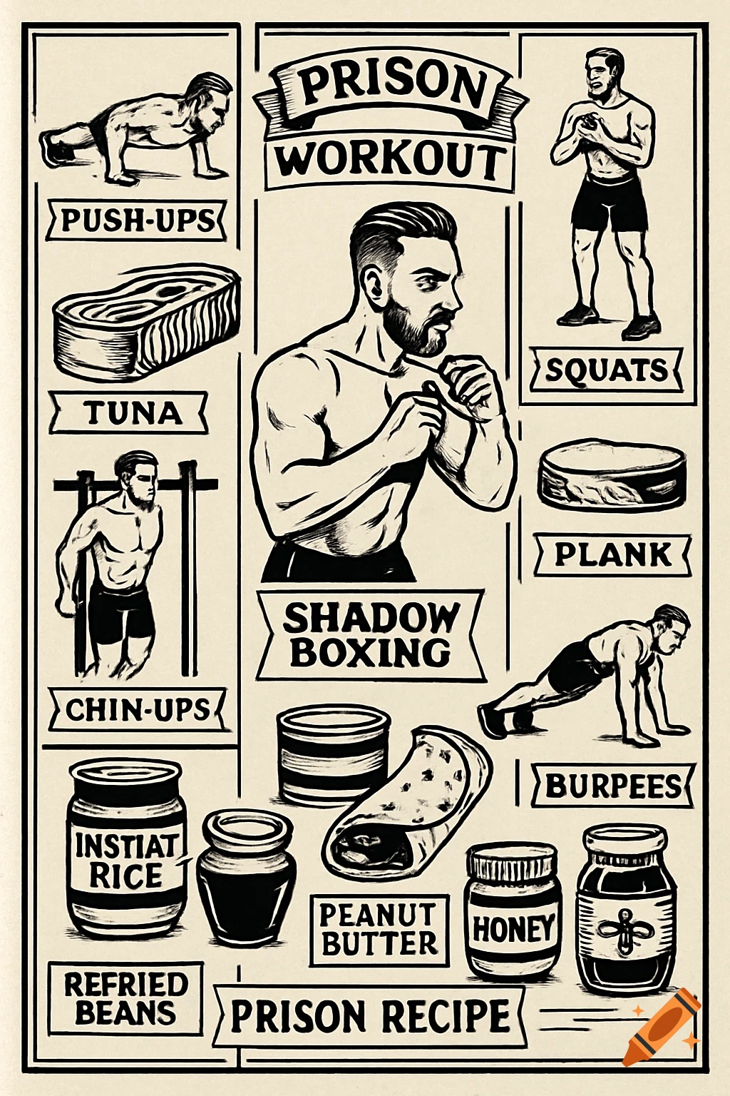 A vintage tattoo flash style illustration sheet with panels depicting men doing prison workouts like push-ups and squats, and various food items.