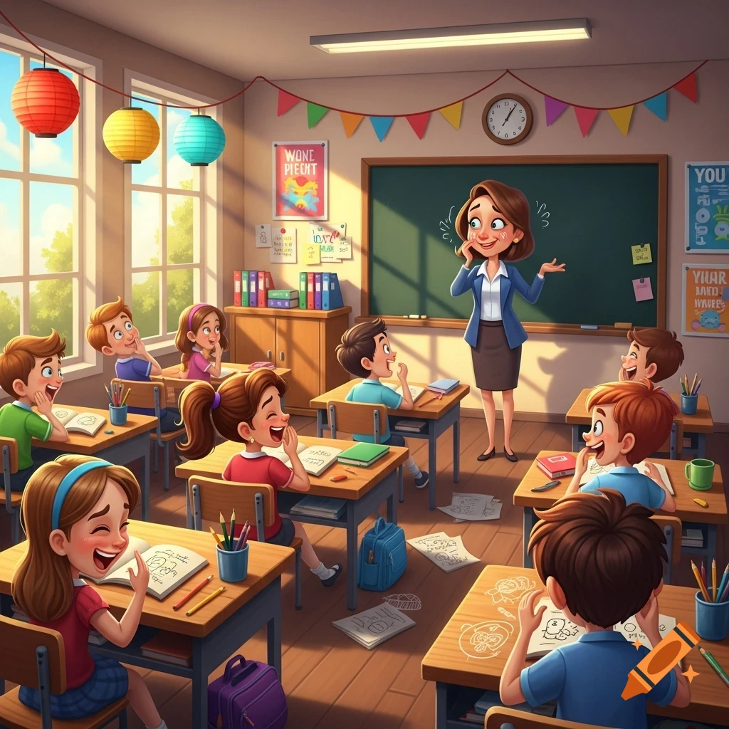 A cartoon illustration of a teacher explaining something in front of a classroom of laughing students.
