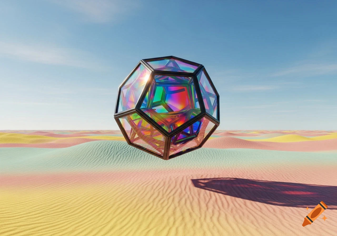 A multifaceted, iridescent geometric shape floats above a desert with colorful sand dunes under a clear blue sky.