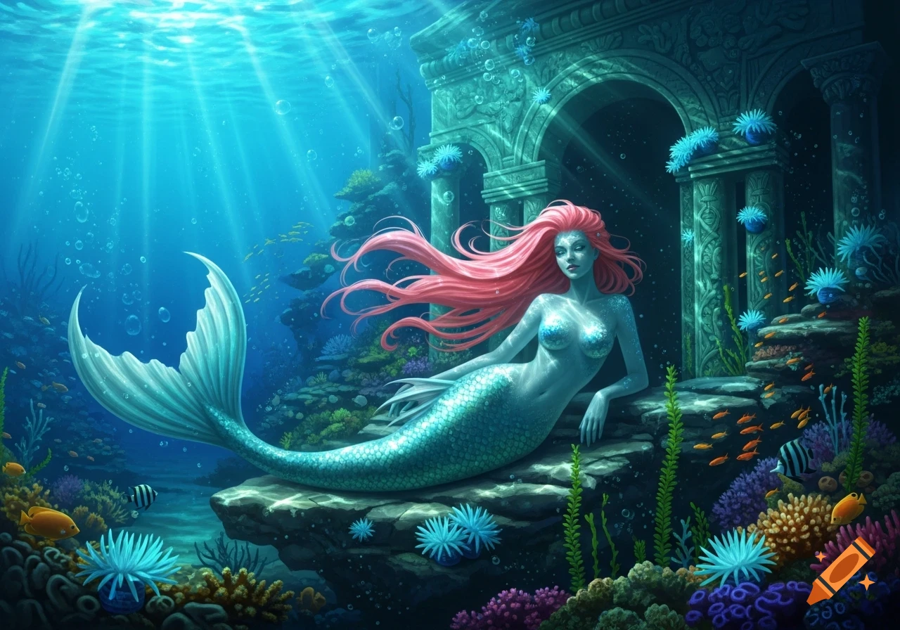 A mermaid with long pink hair and a shimmering teal tail reclines on a rock in a vibrant underwater scene with ancient ruins and colorful coral.
