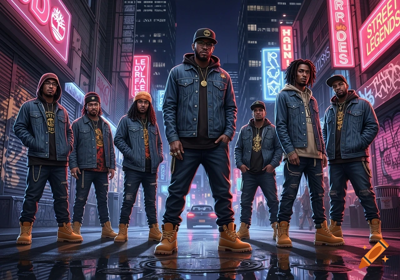 Seven men in denim jackets and Timberland boots pose on a wet city street at night, with neon signs and graffiti in the background, in a photorealistic style.