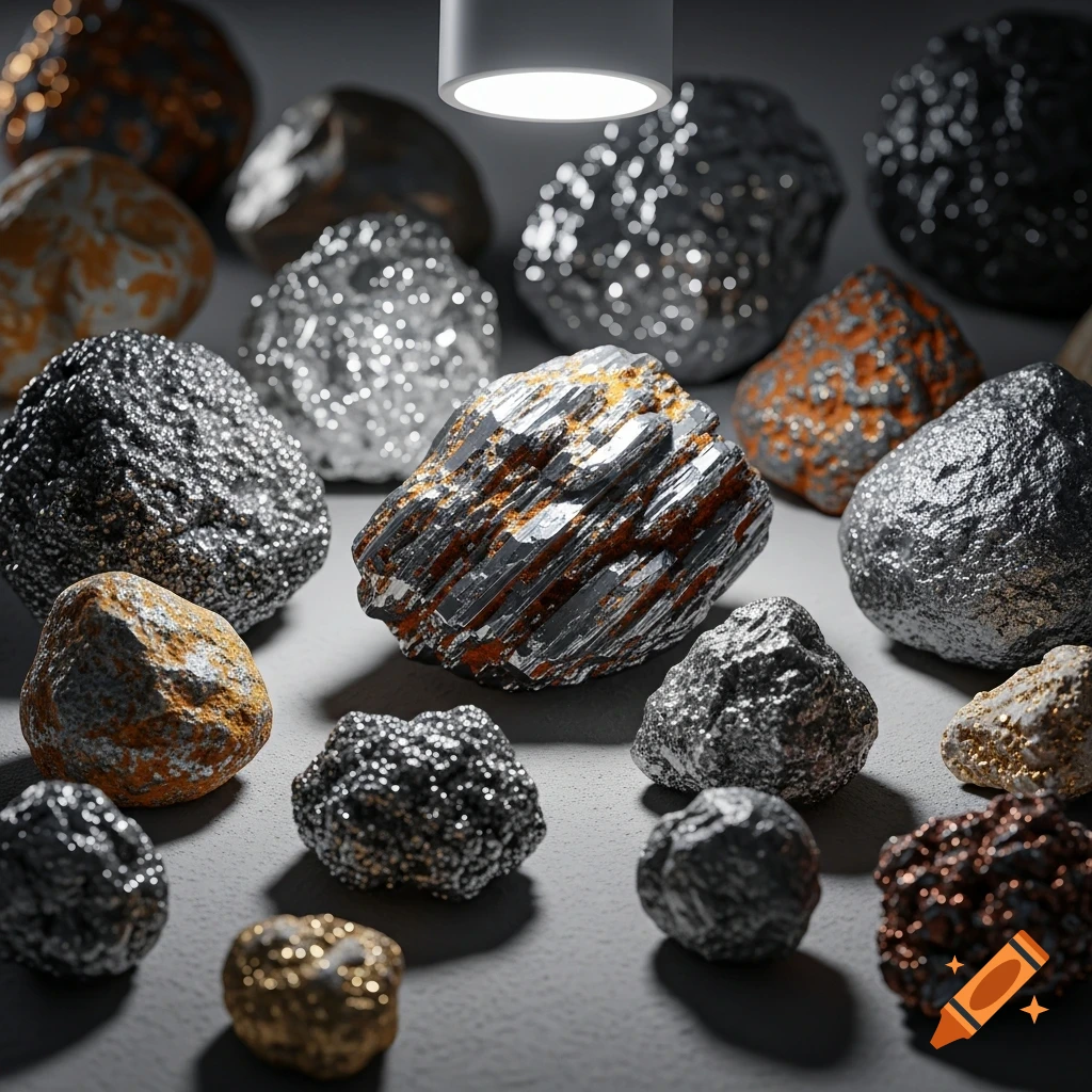 A detailed, high-angle shot of various metallic and rocky materials, showing shiny silver, dark, and oxidized textures on a grey surface.