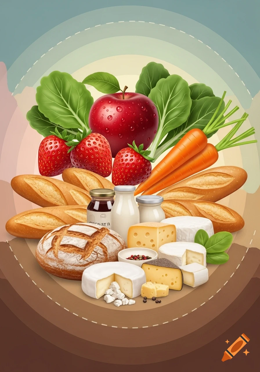 A vibrant, illustrative collage of various fresh food items including fruits, vegetables, bread, and dairy products.