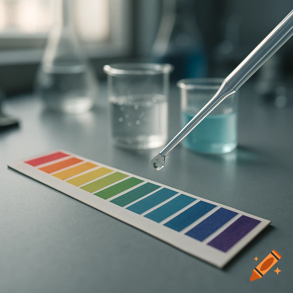 A glass dropper with a droplet of liquid hovers over a colorful pH paper strip on a lab bench, with beakers in the blurred background.