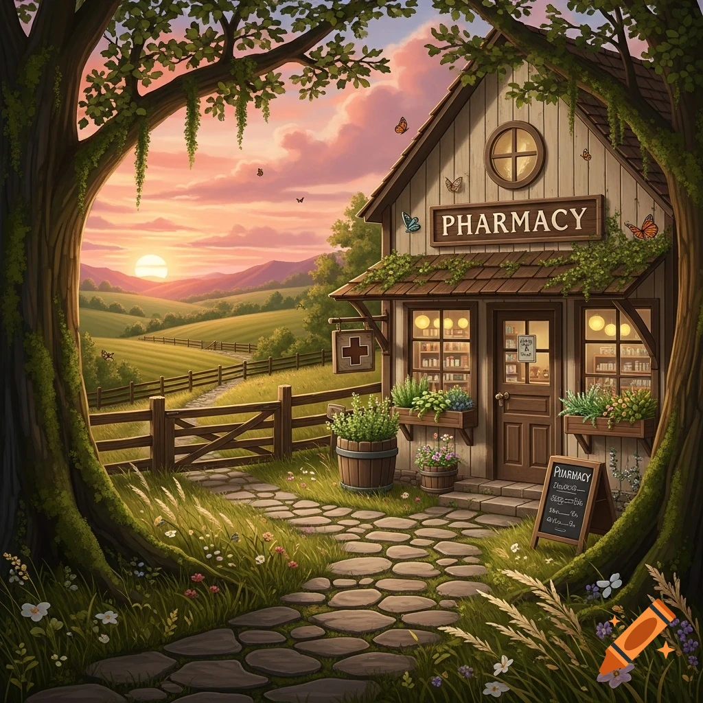 A whimsical, storybook-style rural pharmacy with a "PHARMACY" sign, surrounded by lush green fields and trees at sunset, with butterflies in the sky.