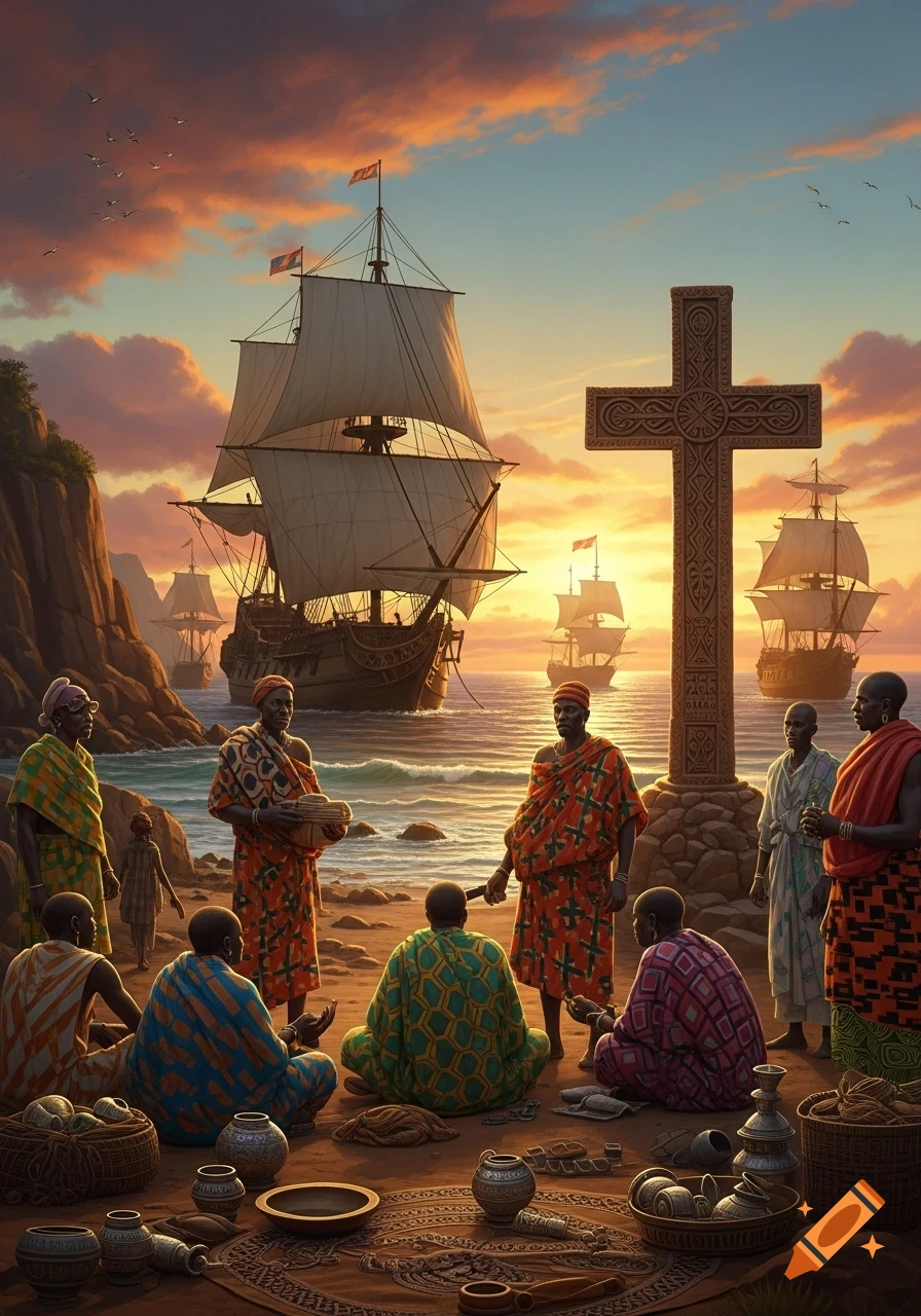 African traders on a sunset beach, with European sailing ships and a large ornate cross dominating the foreground.