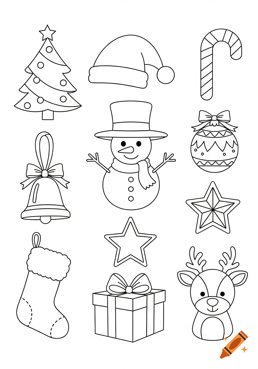 A collection of simple black-and-white line art drawings of Christmas items like a tree, snowman, candy cane, and reindeer, on a white background.