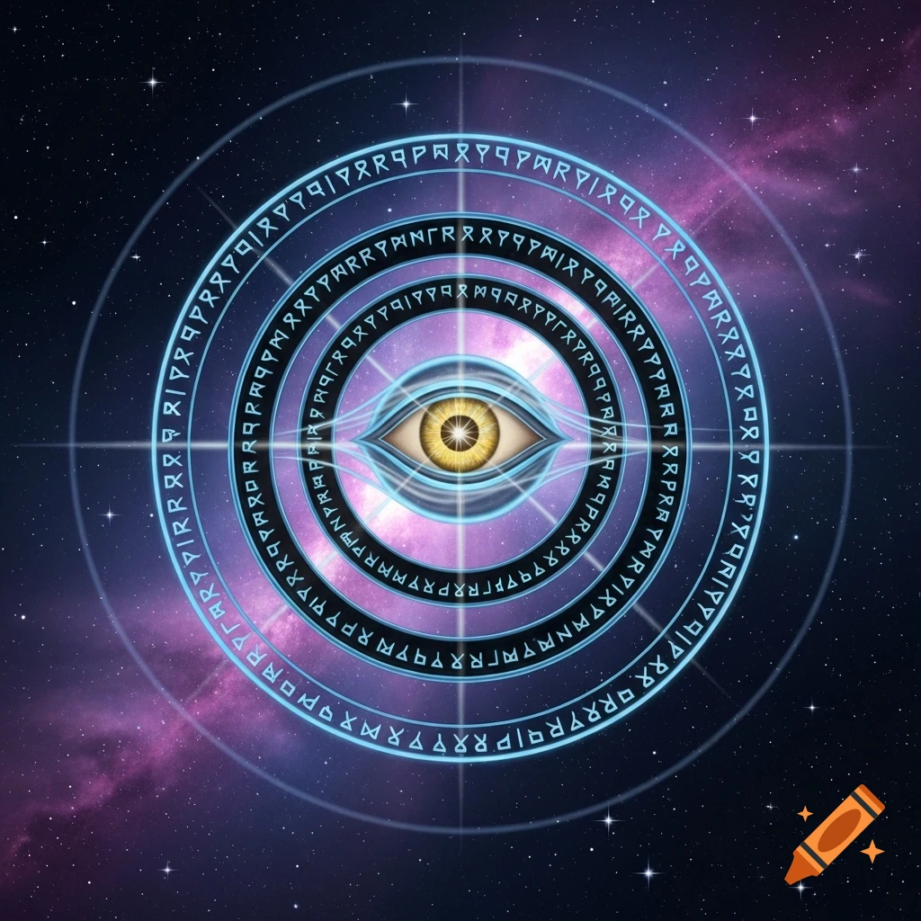 An all-seeing eye with a golden iris and pupil at the center of glowing concentric teal and purple circles filled with ancient symbols, set against a starry cosmic galaxy background.