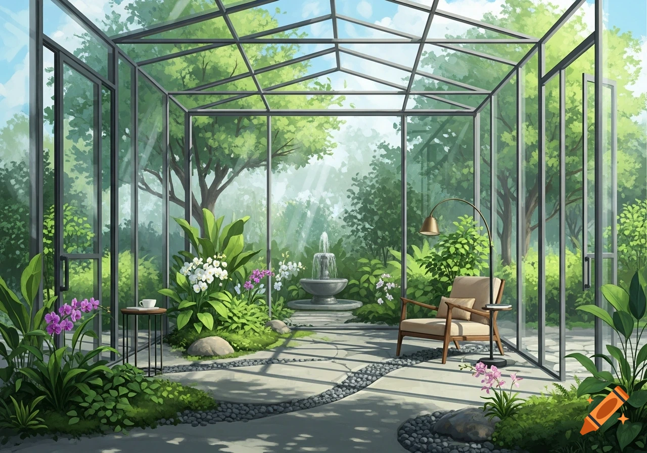A beautiful indoor greenhouse with lush plants, a fountain, and a cozy armchair, depicted in an illustrative style.
