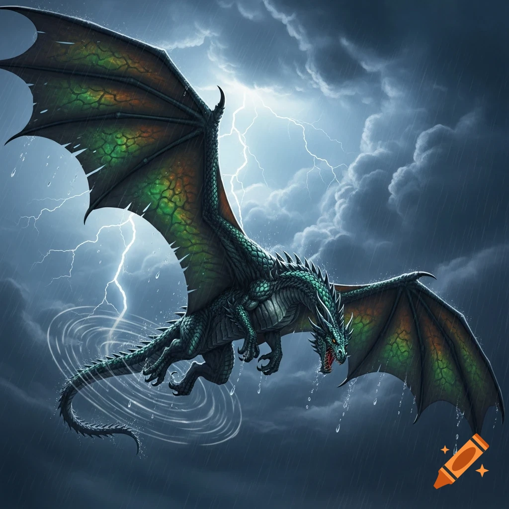 Large green and black dragon with vibrant wings flying through a dark, rainy thunderstorm with multiple lightning strikes.
