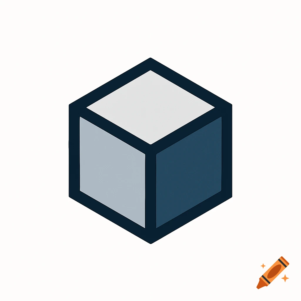 A stylized isometric cube logo with dark blue outlines and faces in shades of blue and white on a white background.