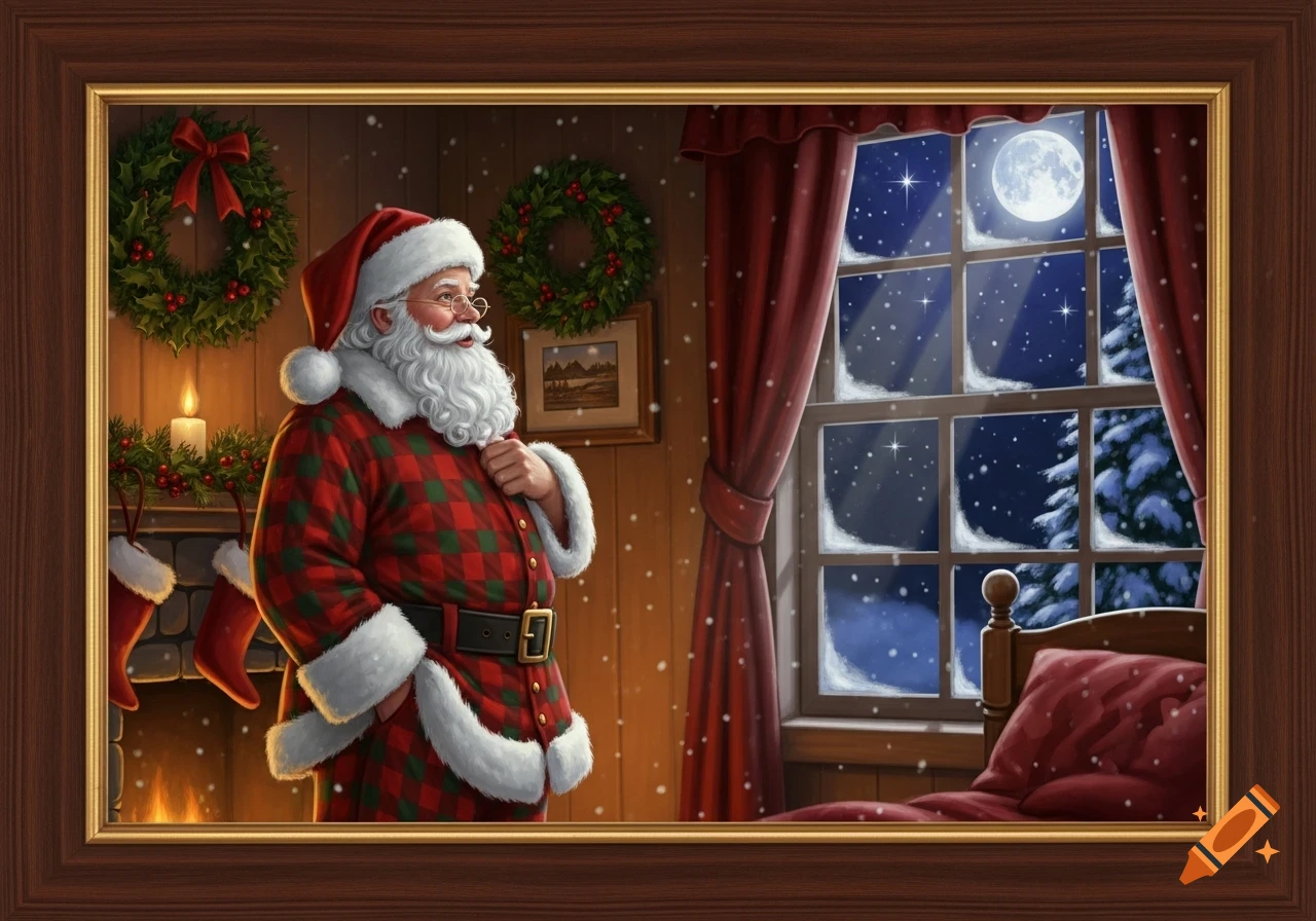 Illustrated Santa in a red and green plaid robe looking out a snowy bedroom window on a clear, moonlit night.