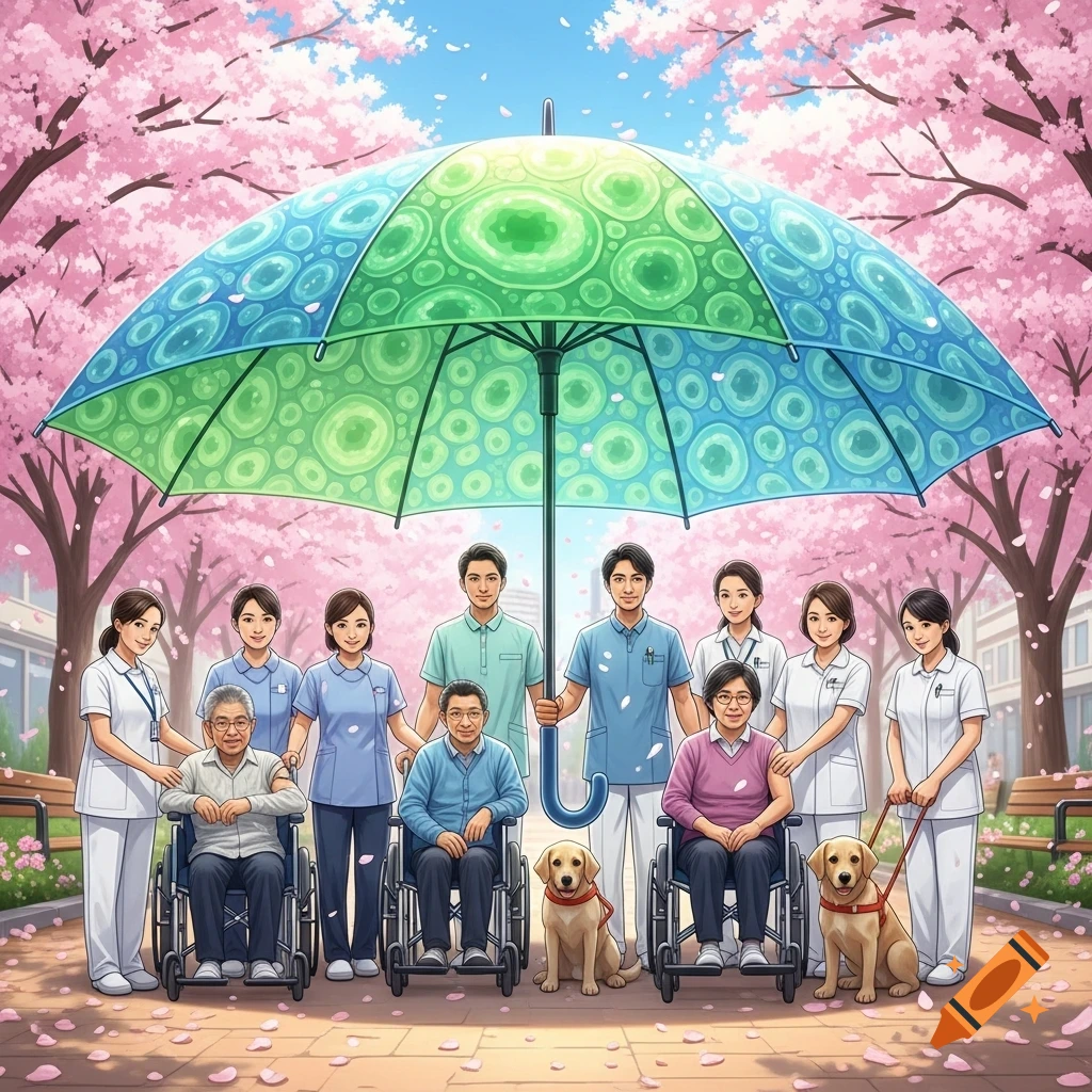 Healthcare professionals, elderly individuals in wheelchairs, and guide dogs under a large green and blue umbrella amidst cherry blossoms.