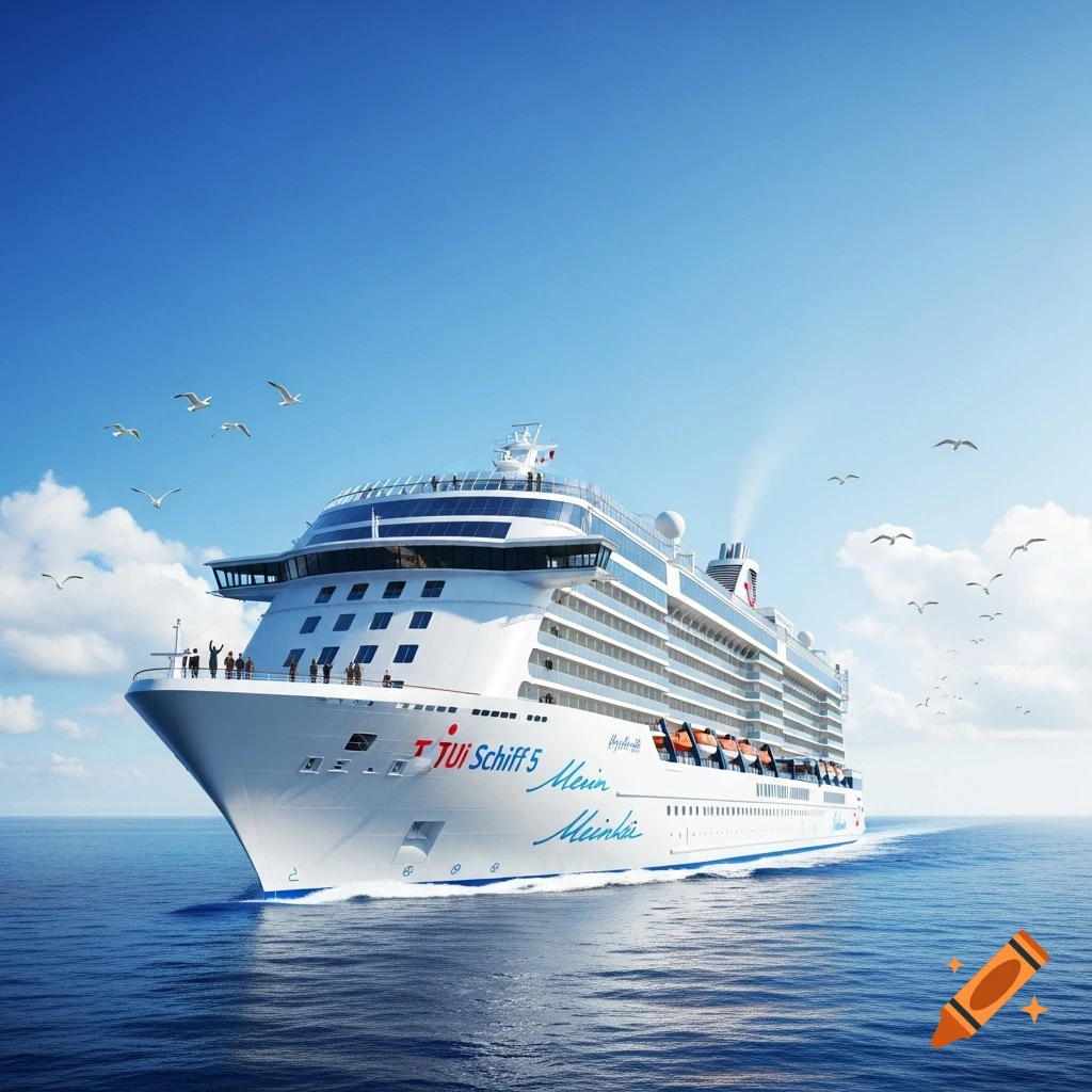 A large white and blue cruise ship, TUI Mein Schiff 5, sails across a calm blue ocean under a clear sky with seagulls flying around.