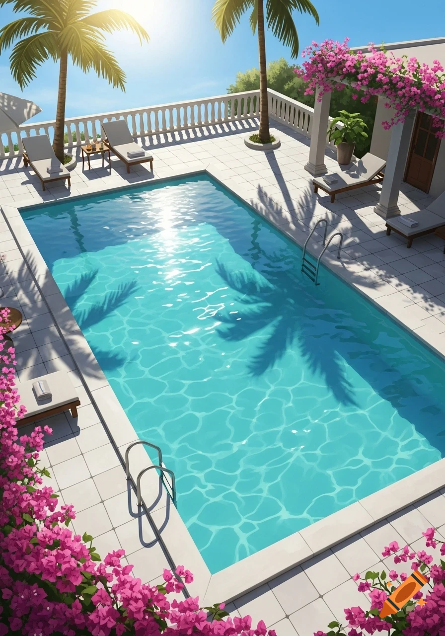 Vibrant illustration of a swimming pool with palm trees, sun loungers, and pink bougainvillea under a sunny sky.