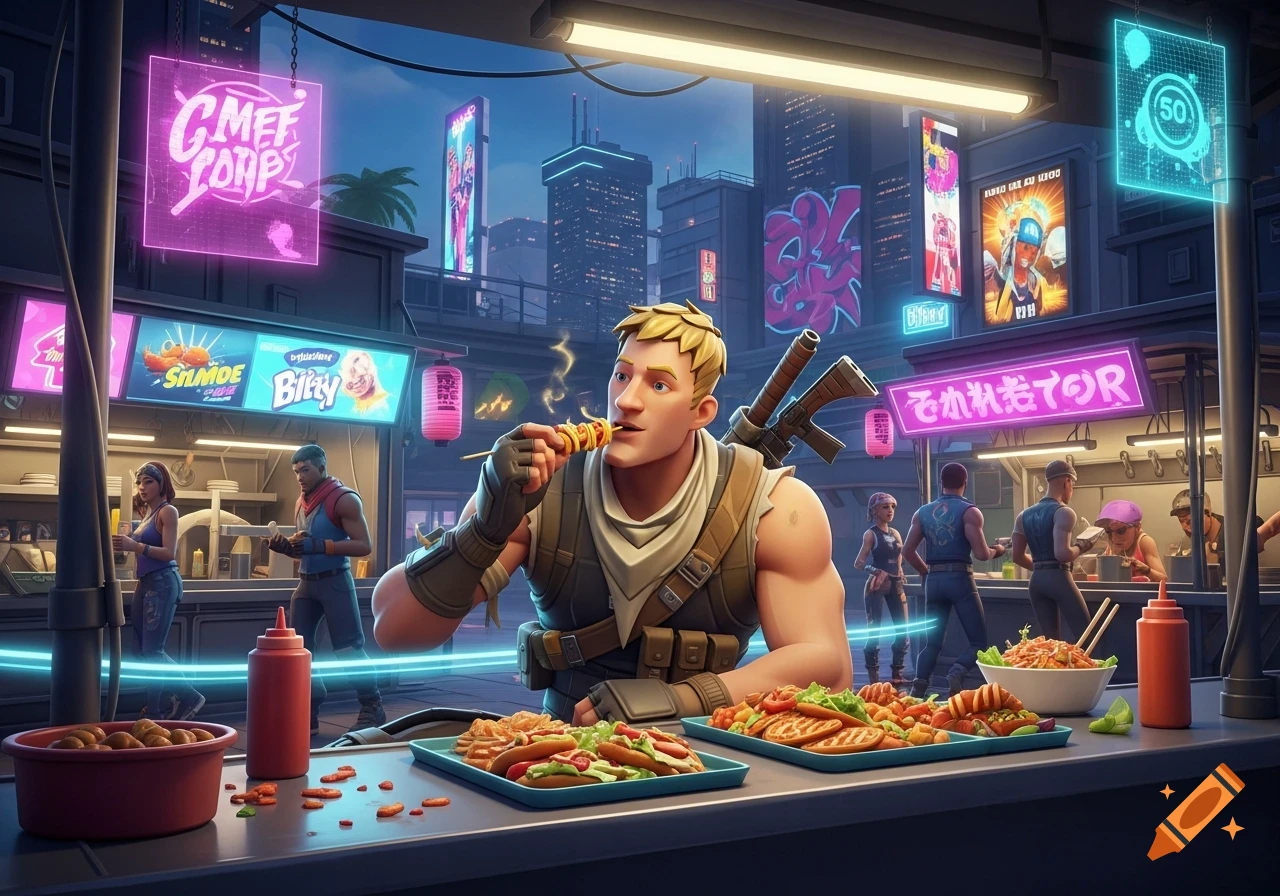 A stylized Fortnite character, Jonesy, eats food on a skewer at a vibrant night market in a futuristic city with neon signs and skyscrapers.