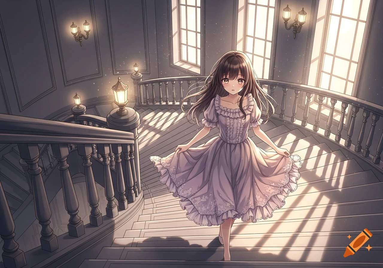 An anime girl in a light purple dress with flowing brown hair descends a grand, sunlit staircase.