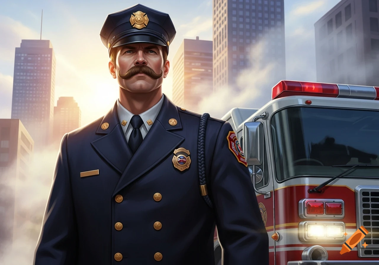 A stern man with a prominent mustache in a fire chief's uniform stands against a city skyline with a fire truck.