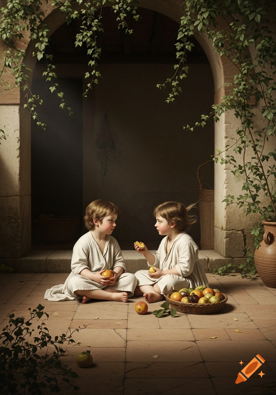 Two young children in robes sit on a tiled floor under an arched doorway with ivy, holding fruit, with a basket of fruit nearby.