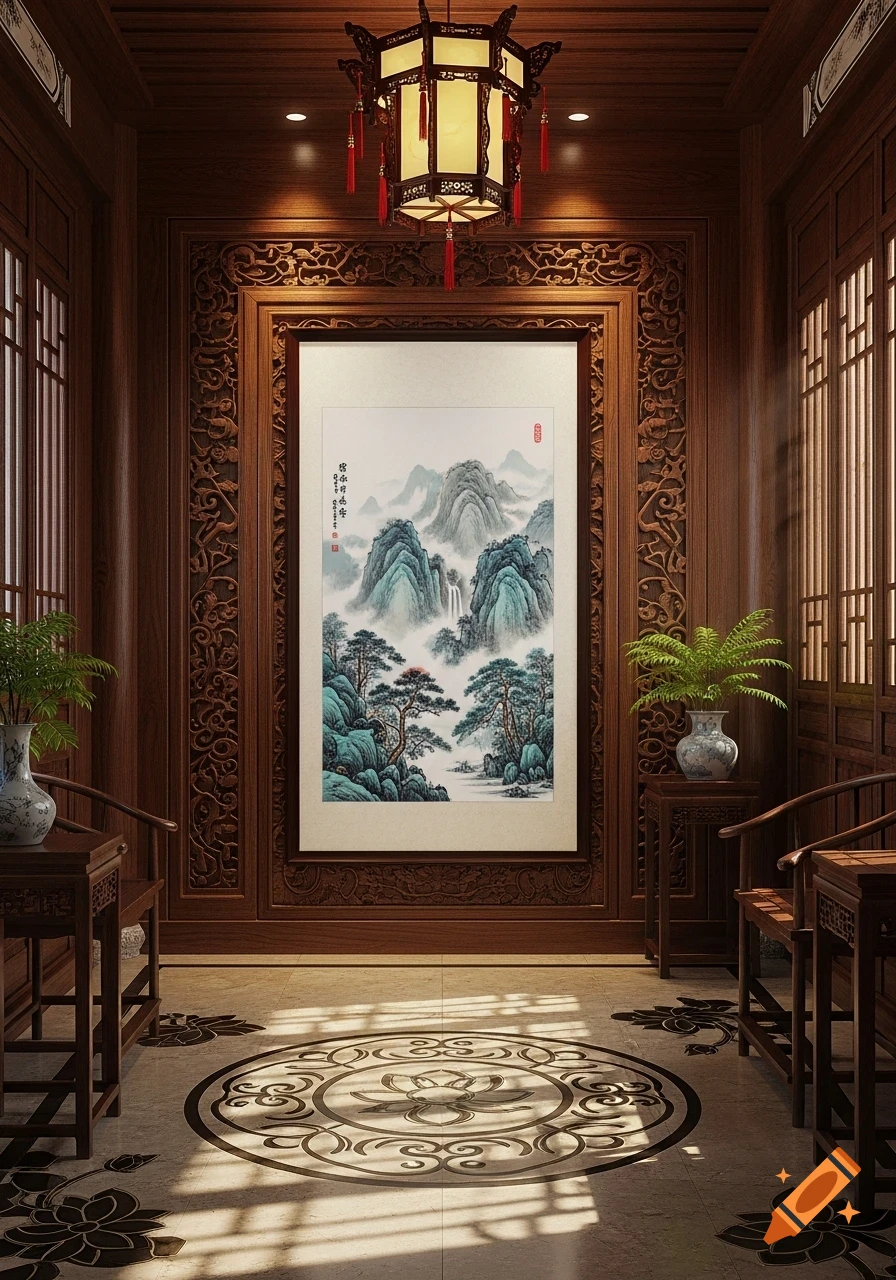 A traditional Chinese hallway with intricately carved dark wooden walls, a large landscape painting, a decorative floor, and a hanging lantern.