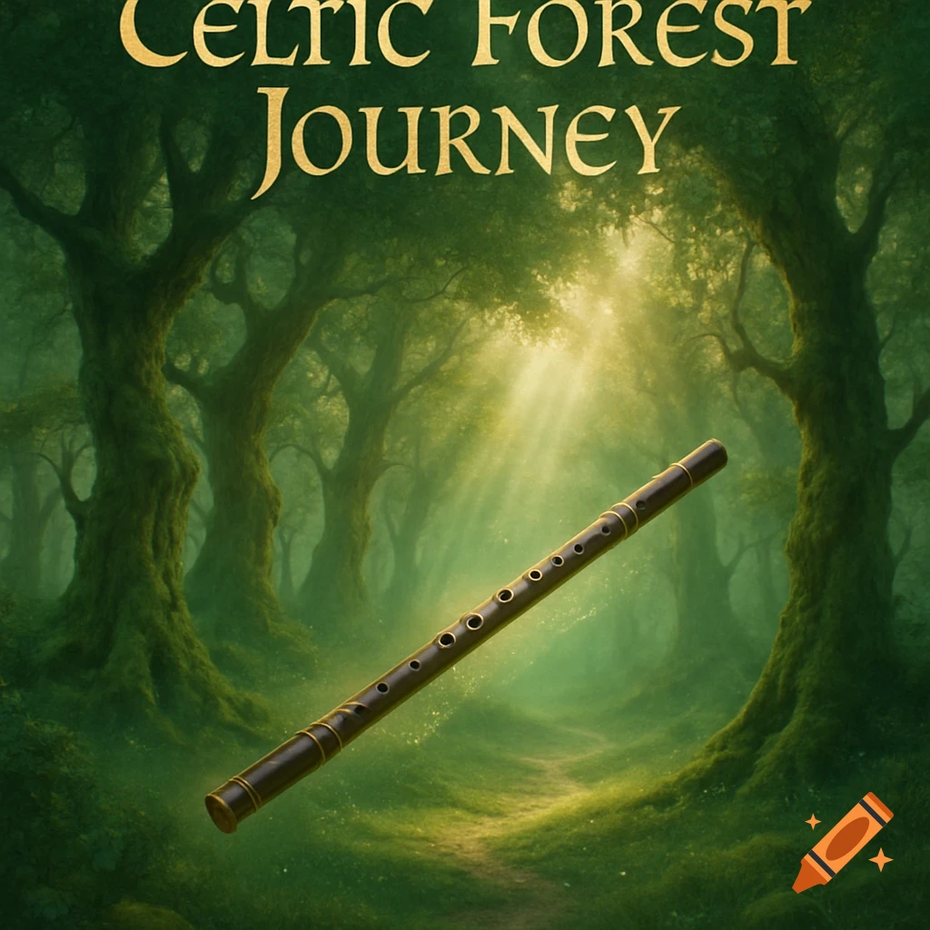 A Celtic flute floats in a mystical, sunlit green forest with