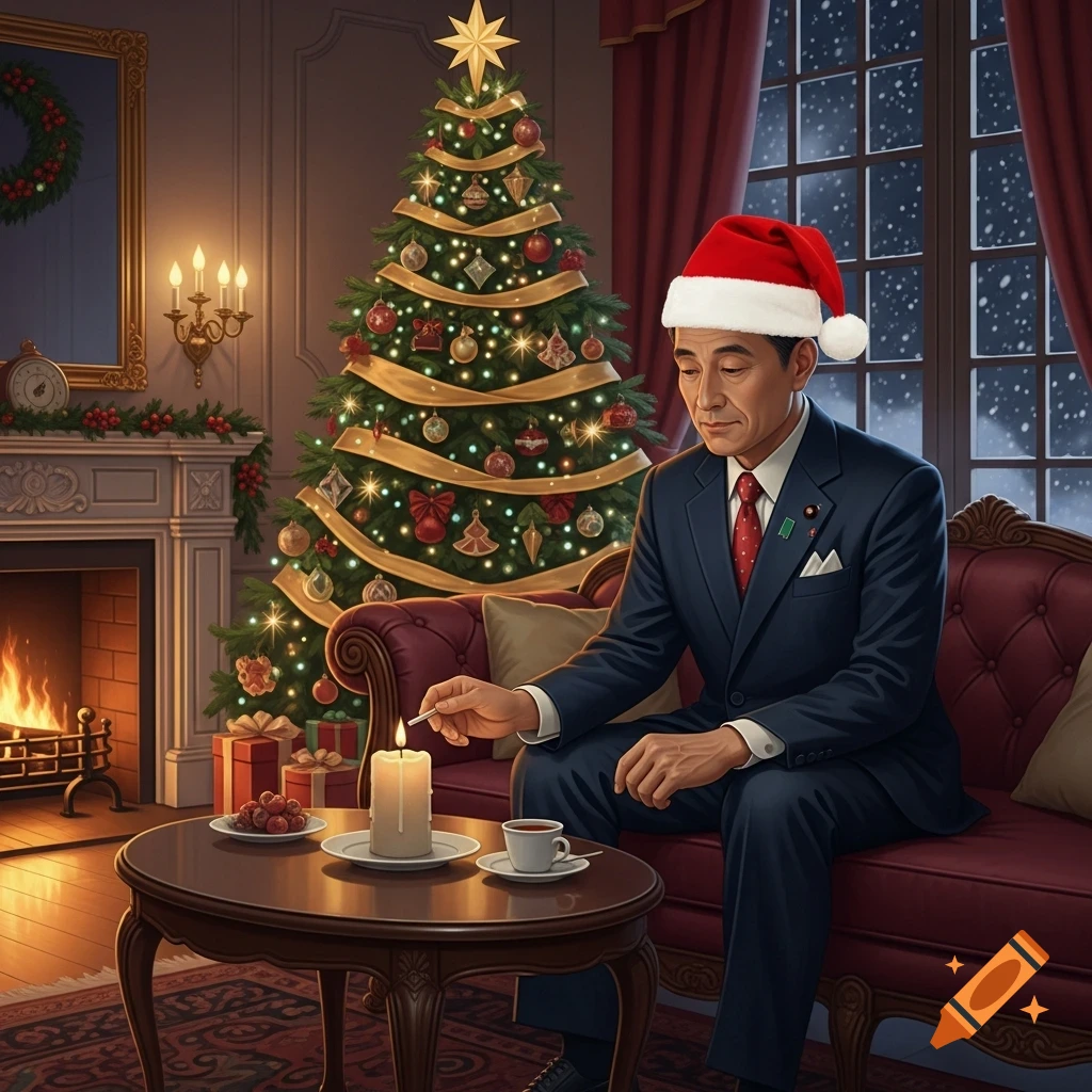 A man in a suit and Santa hat lights a candle next to a festive Christmas tree in a cozy room with a fireplace.