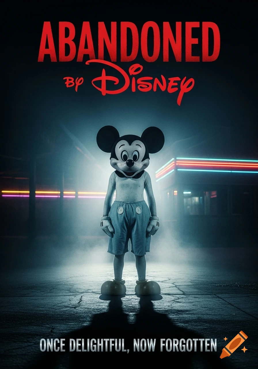 A creepy, worn Mickey Mouse mascot stands in a foggy, dark alley with neon lights, resembling a horror movie poster titled 'ABANDONED by Disney'.