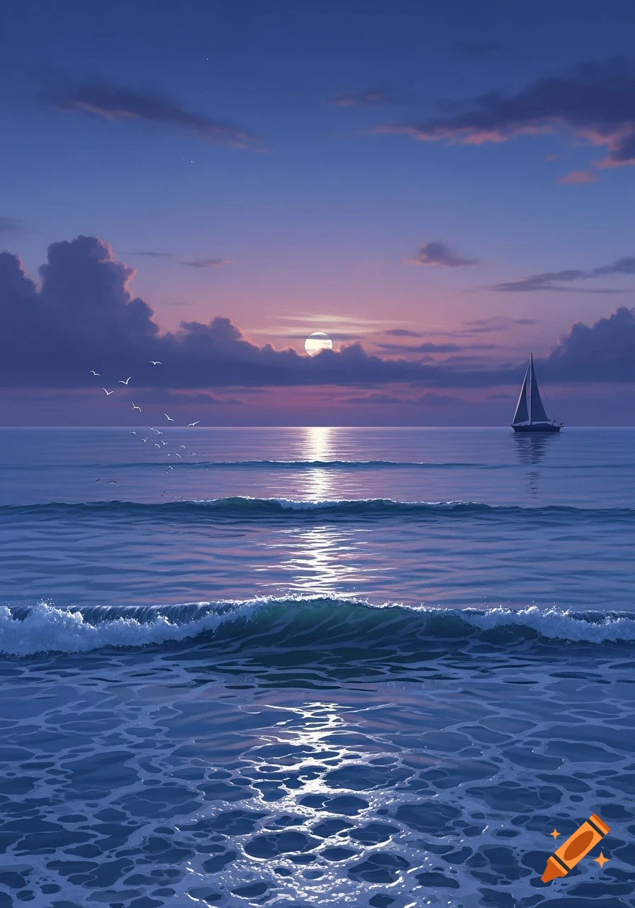 A sailboat on a calm sea at sunset, with a flock of birds flying in the pastel sky and soft waves in the foreground.