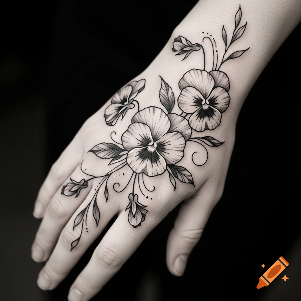 Black and white filigree pansy and floral tattoo on the back of a hand.