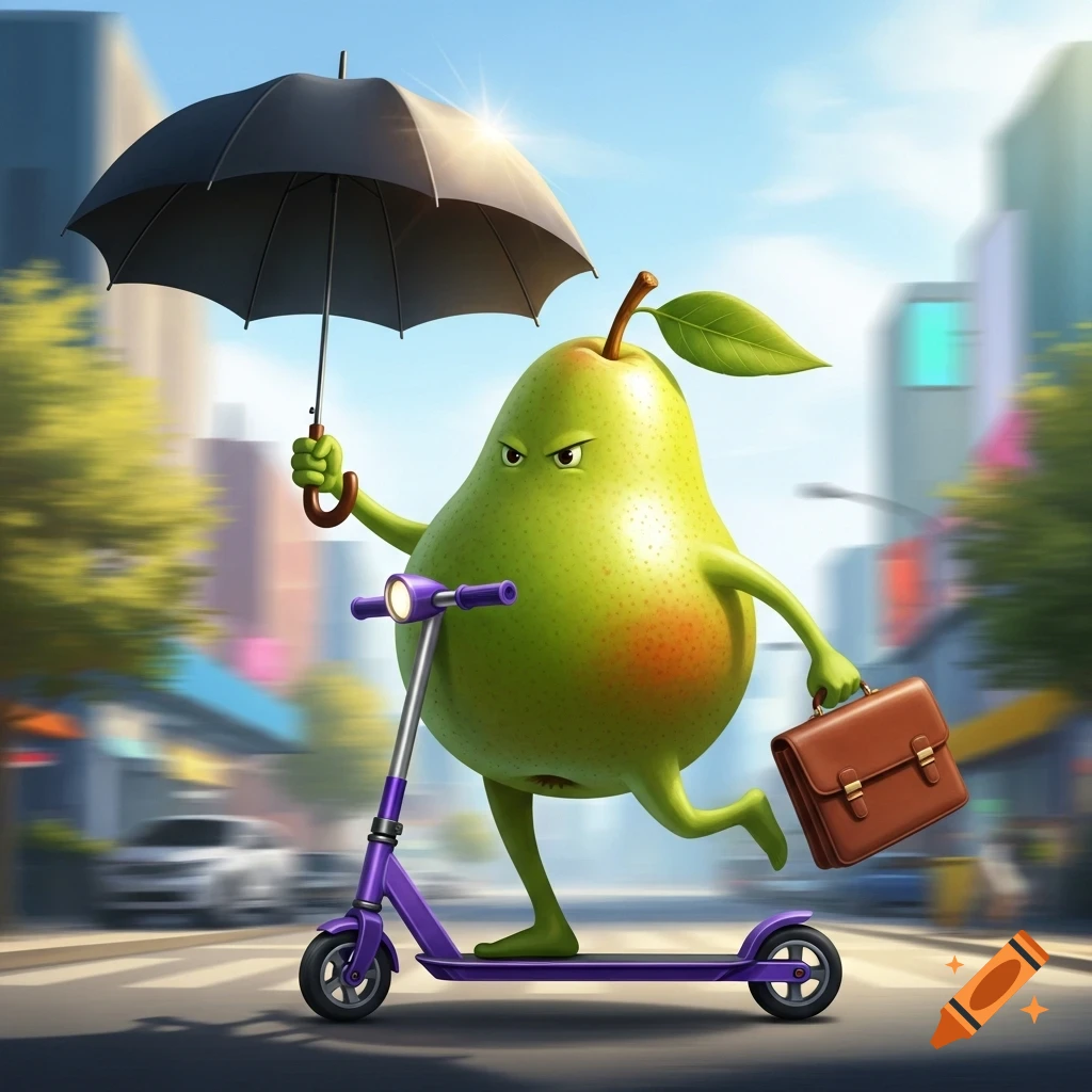 An angry cartoon pear character rides a purple kick scooter through a city street, holding a black umbrella and a brown briefcase.