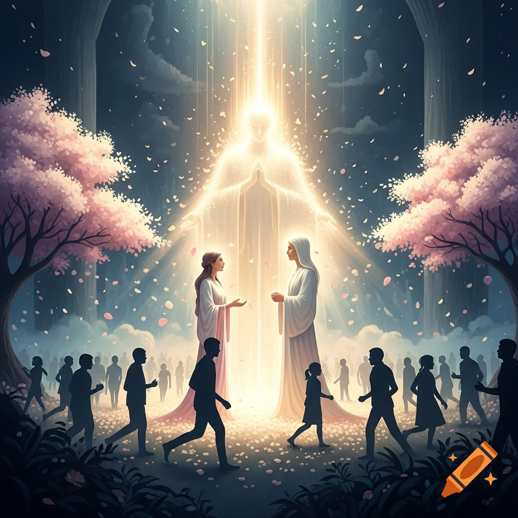 Radiant, glowing figure appearing to two robed people in a cherry blossom garden, surrounded by silhouetted observers.