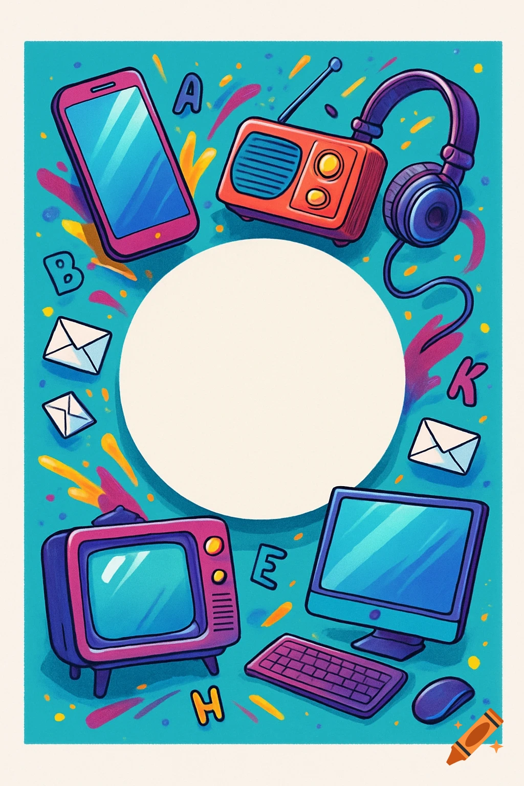 Colorful pop art illustration of a smartphone, radio, headphones, envelopes, TV, and computer surrounding a central blank white circle, on a teal background.