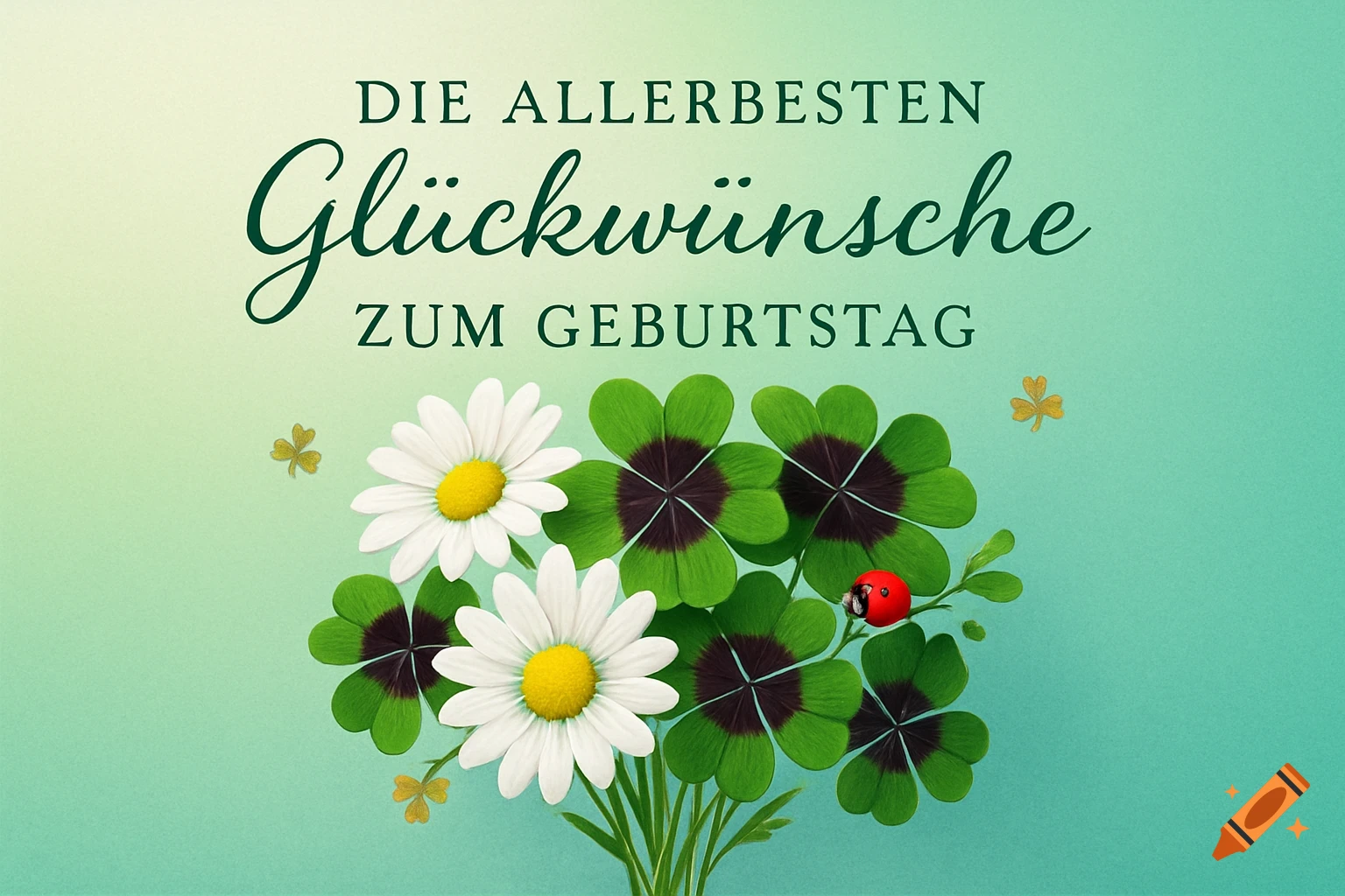 A birthday card with 'DIE ALLERBESTEN Glückwünsche ZUM GEBURTSTAG' text, featuring white daisies, green four-leaf clovers, and a ladybug on a gradient green background.