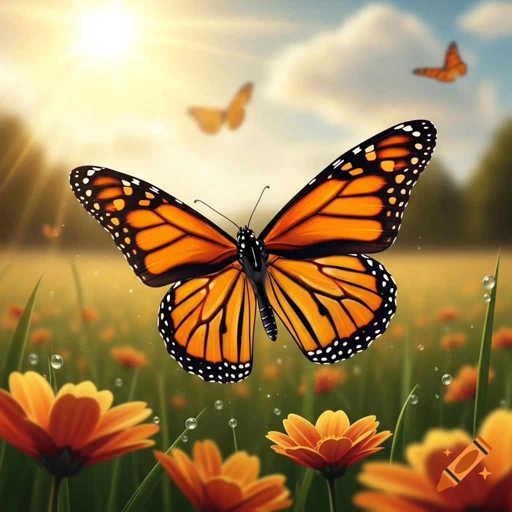A photorealistic monarch butterfly with orange wings flies through a sunny field of vibrant orange flowers, with other butterflies in the background.
