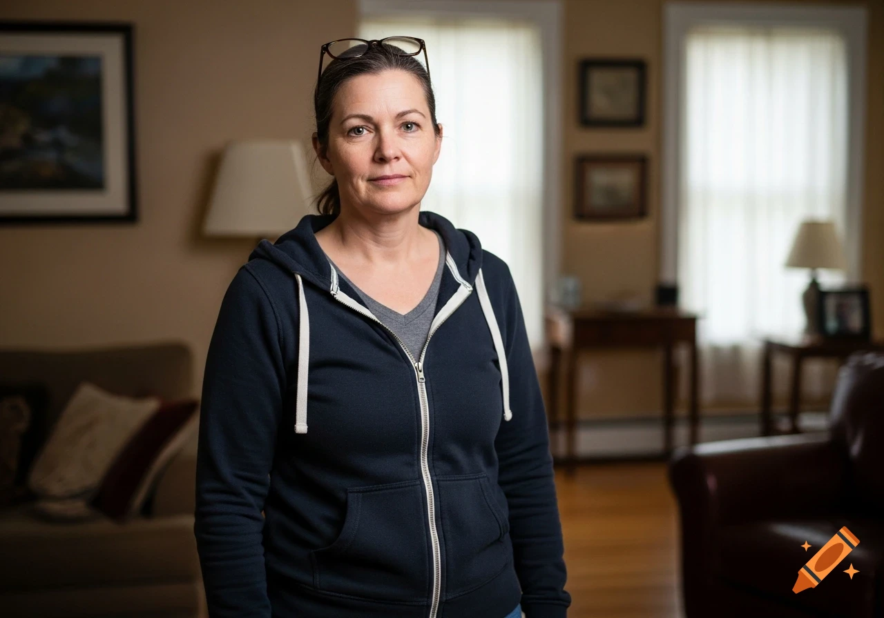 A middle-aged woman with dark hair pulled back, wearing glasses on her head and a dark zip-up hoodie, stands in a living room.