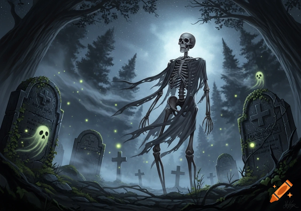 A stylized skeleton in a tattered cloak stands in a spooky graveyard at night, surrounded by glowing fireflies, mist, and small white ghosts. Tall pine trees loom under a starry, moonlit sky.