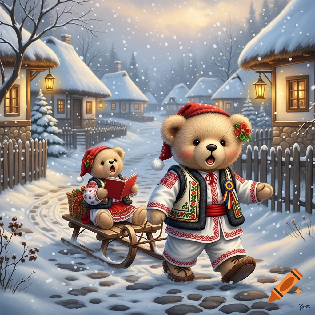 A teddy bear in traditional Romanian attire pulls a sled with another teddy bear reading a book in a snowy village. Illustration.