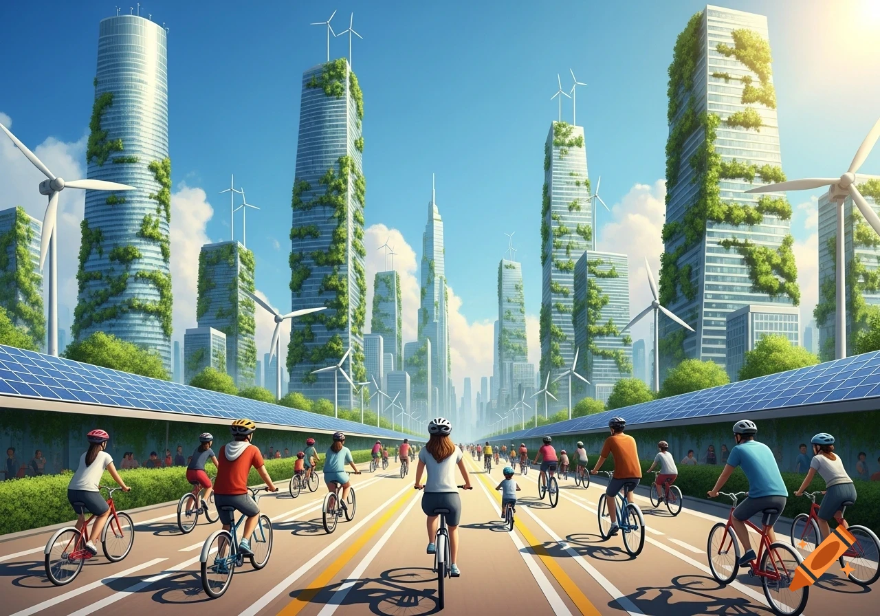 Cyclists ride on a road in a sunny, futuristic city with green skyscrapers, solar panels, and wind turbines.