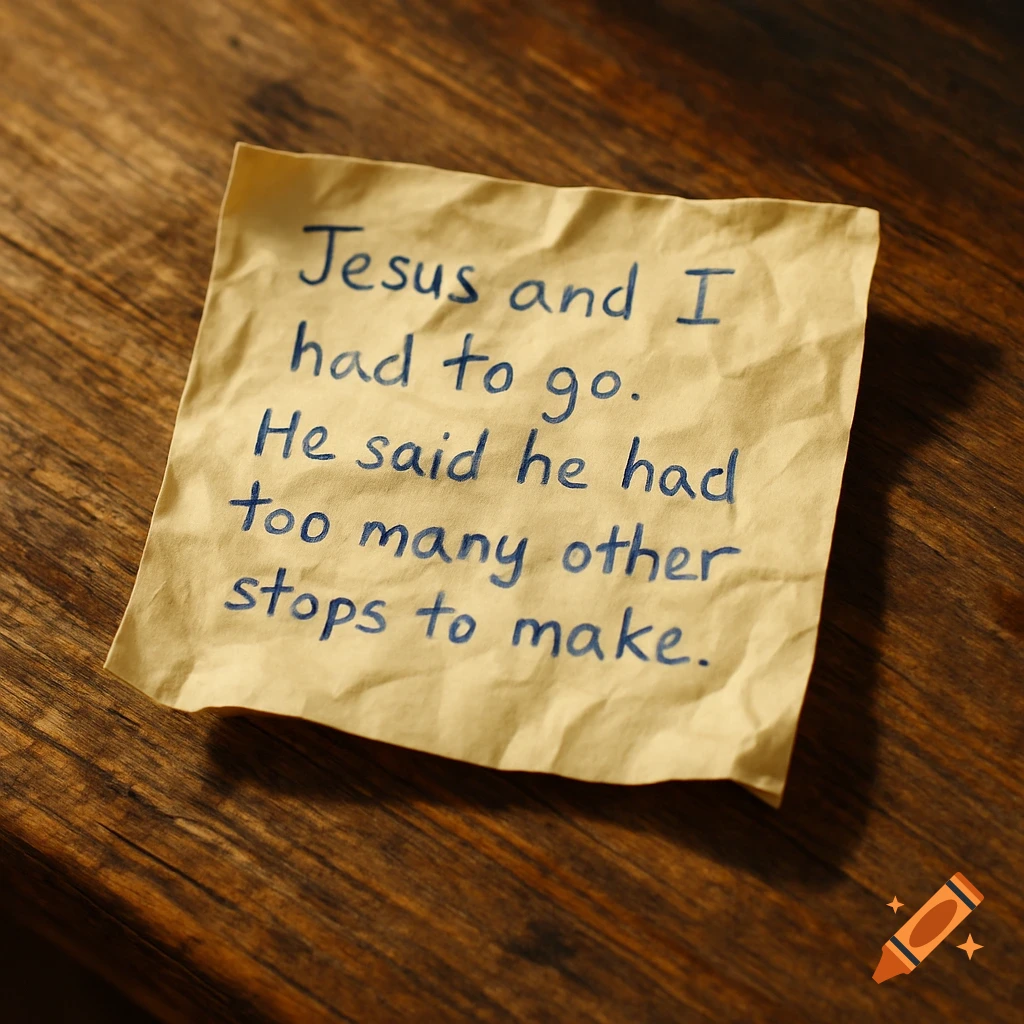 A close-up of a crumpled yellow post-it note with handwritten blue text on a wooden surface.