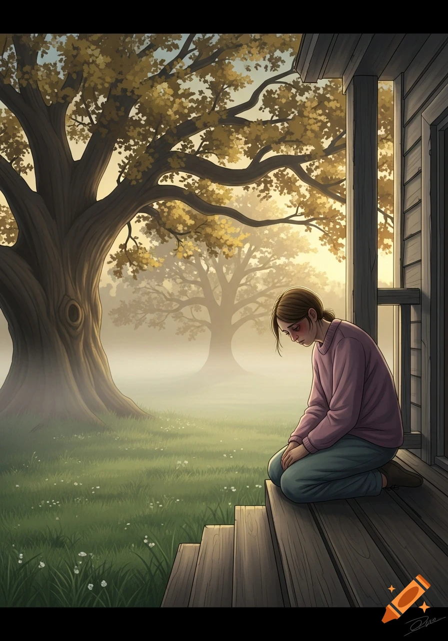 An illustration of a sad woman kneeling on a wooden porch looking out at large trees shrouded in morning fog.