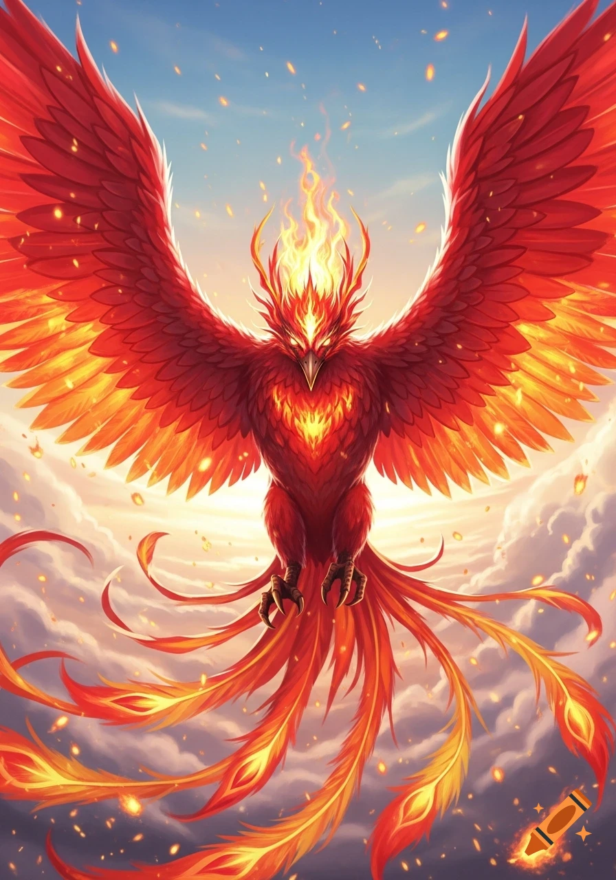 Vibrant red and orange fiery phoenix with wings spread, soaring through a cloudy, bright sky in a manga art style.