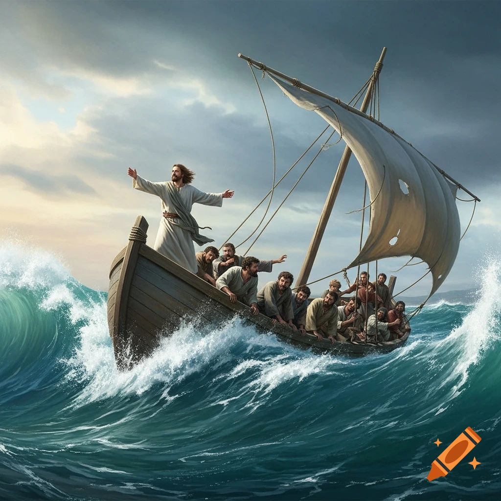 Jesus stands with arms outstretched in a small, storm-tossed boat, calming terrified disciples on a turbulent sea, realistic illustration.