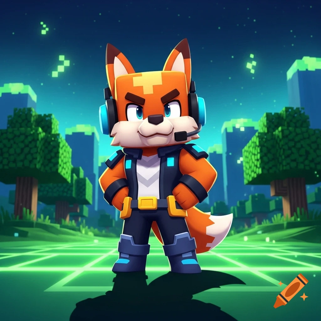 A stylized orange fox character wearing a headset and a dark jacket with blue accents stands in a pixelated green and blue world.
